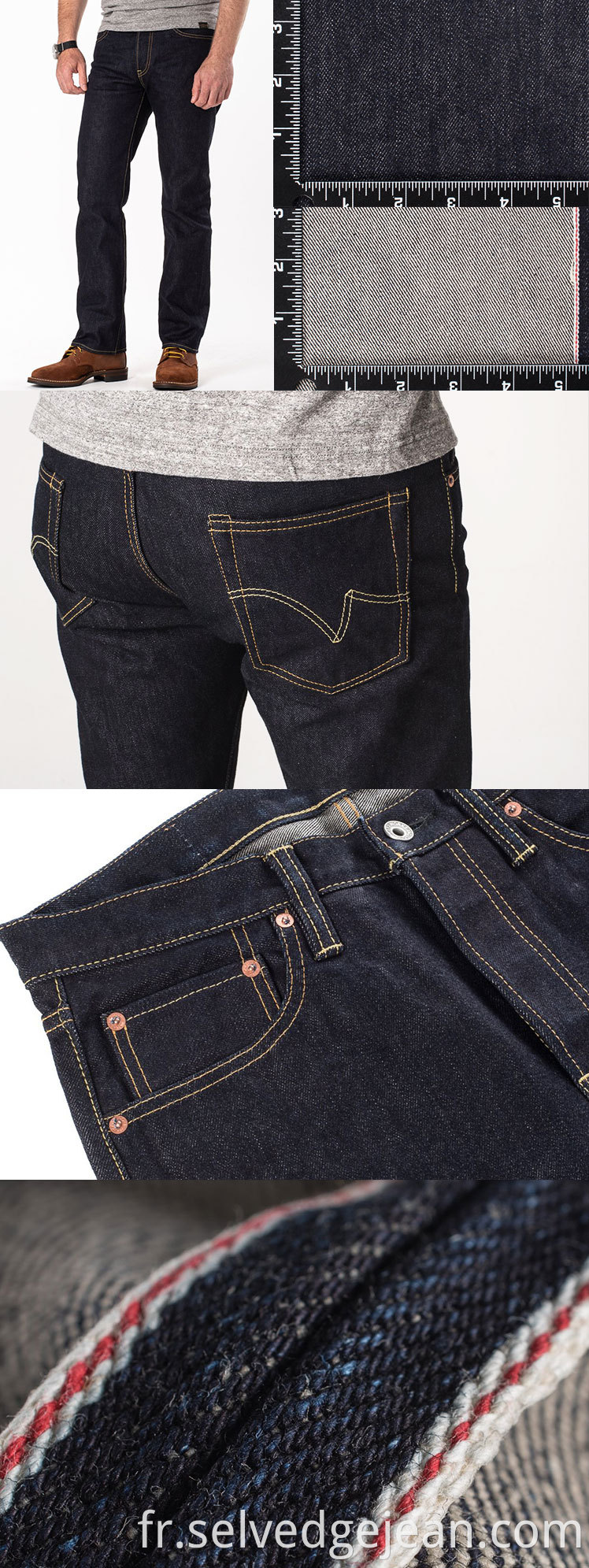 Tissé avec un fil de trame à double torsion 17oz de selage brave selvage noir denim slim slim